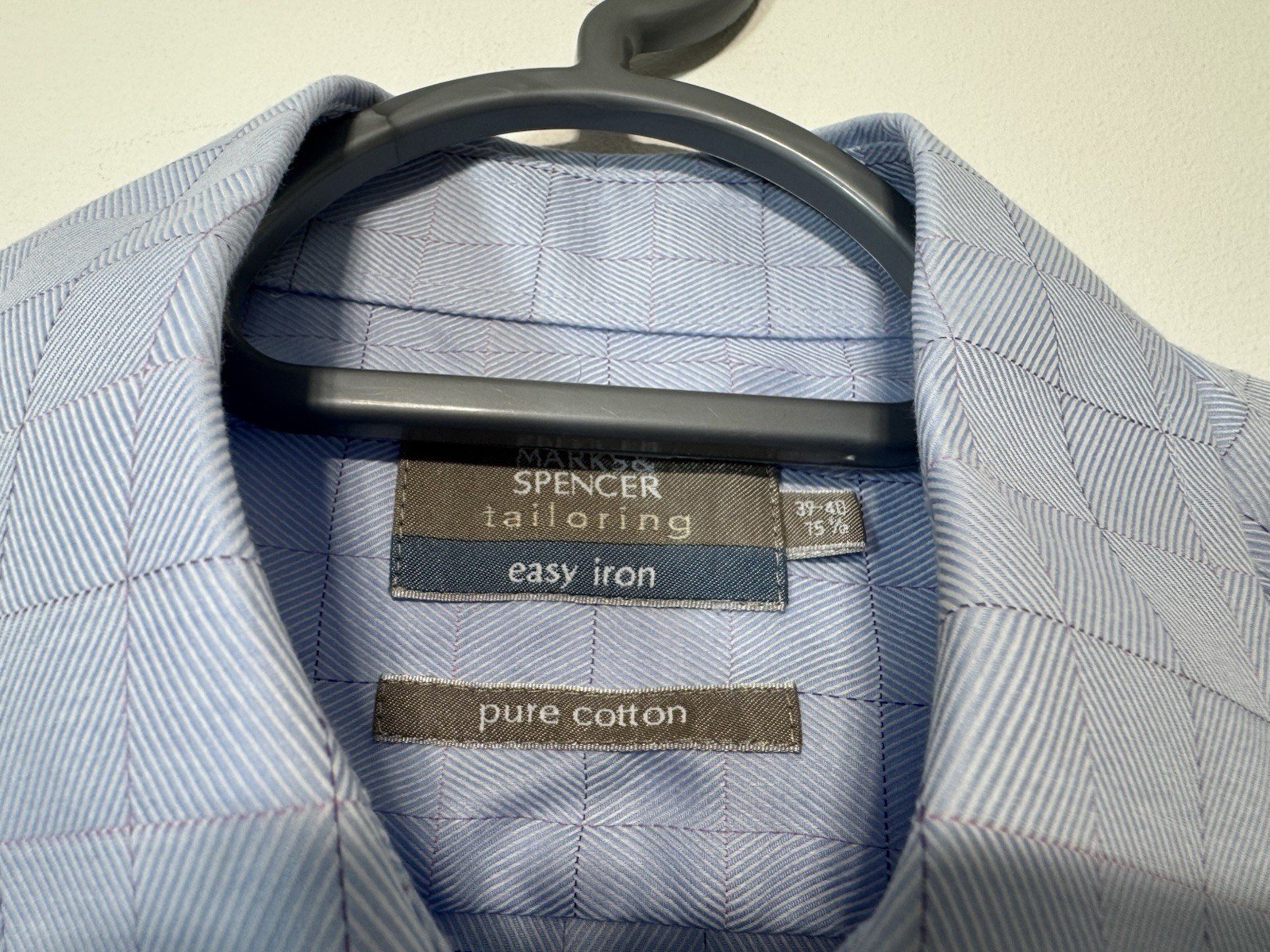 M&S Baby Blue Check Brush Cotton Easy Iron Long Sleeve Shirt Neck 15.5