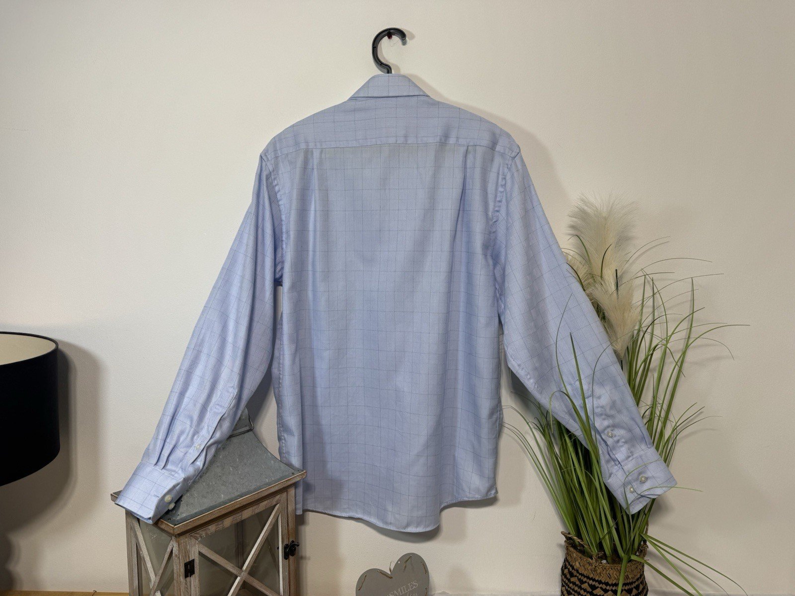 M&S Baby Blue Check Brush Cotton Easy Iron Long Sleeve Shirt Neck 15.5