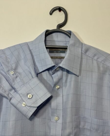 M&S Baby Blue Check Brush Cotton  Easy Iron Long Sleeve Shirt Neck 15.5