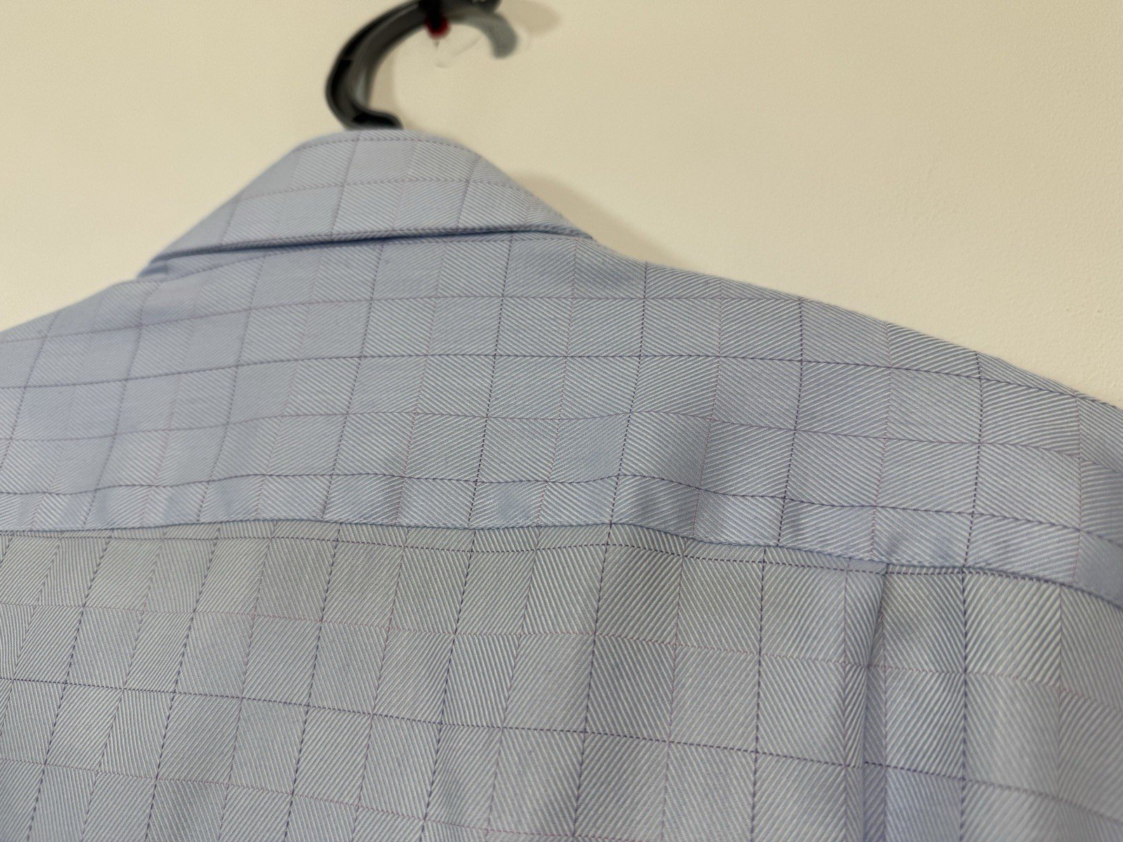 M&S Baby Blue Check Brush Cotton Easy Iron Long Sleeve Shirt Neck 15.5