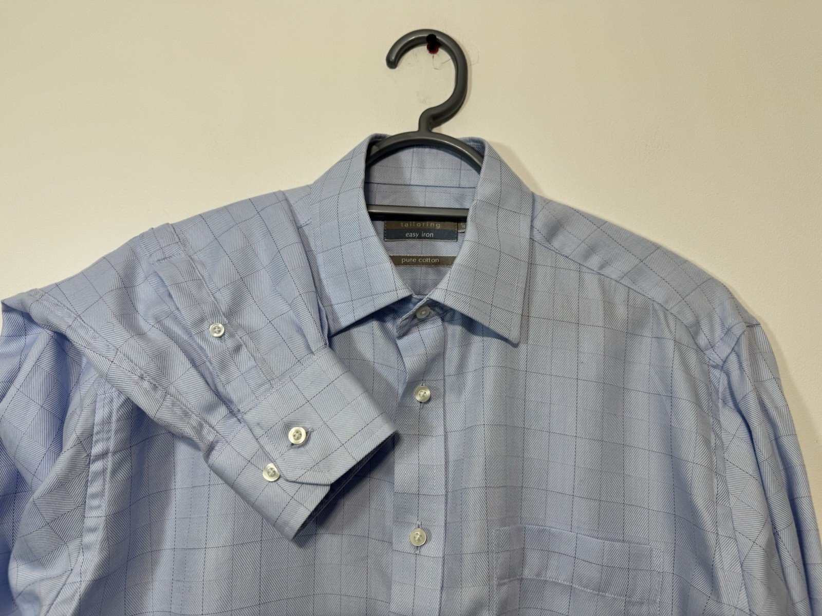 M&S Baby Blue Check Brush Cotton Easy Iron Long Sleeve Shirt Neck 15.5