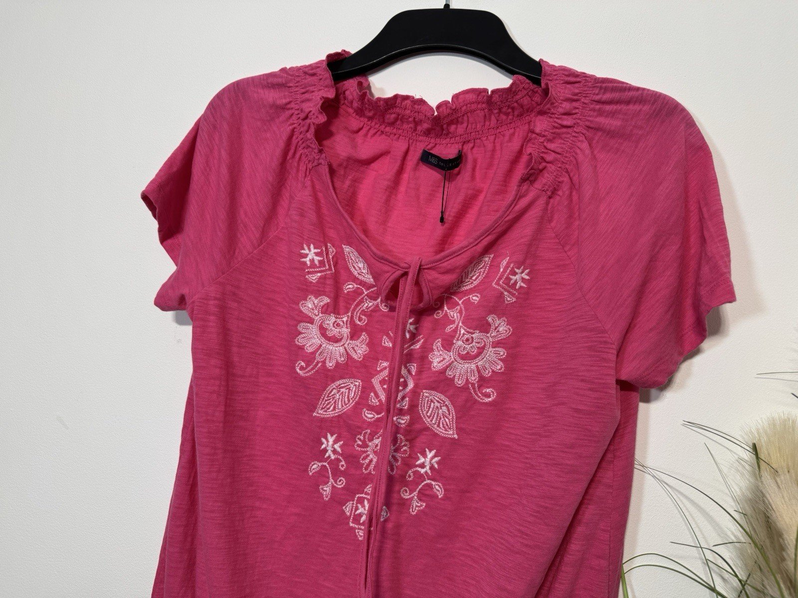 M&S collection Cerise Pink Embroidered Short Sleeve Top Size 14