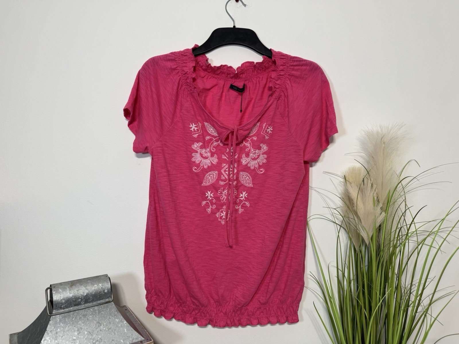 M&S collection Cerise Pink Embroidered Short Sleeve Top Size 14