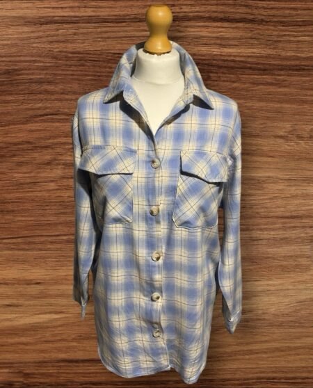 New Look Blue White Check Cotton Blouse Flap Pockets Long Sleeve S10