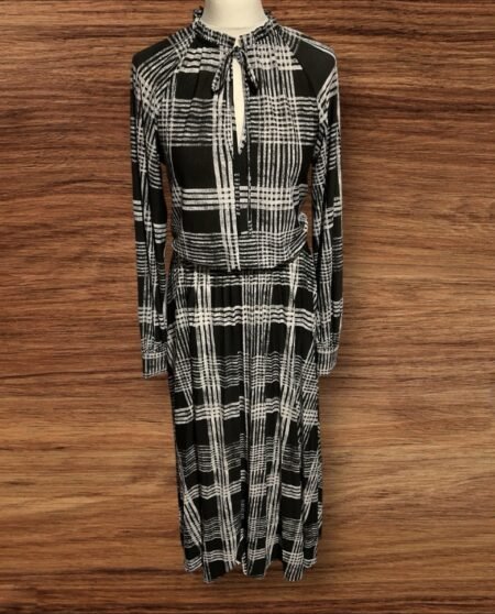 Next Black White Check Long Dress Frill Tie Neck Cuff Sleeve Gather Skirt 12