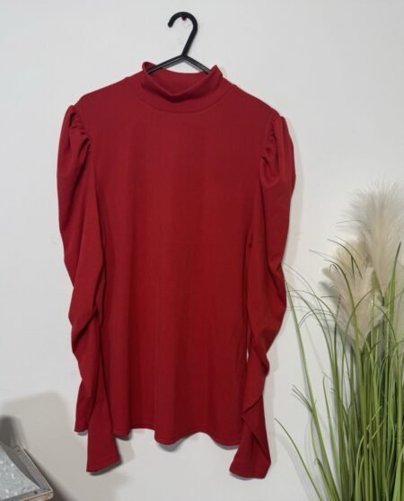 Red Ribbed High Neck Gathered Shoulders Ruched Arm Top Size L