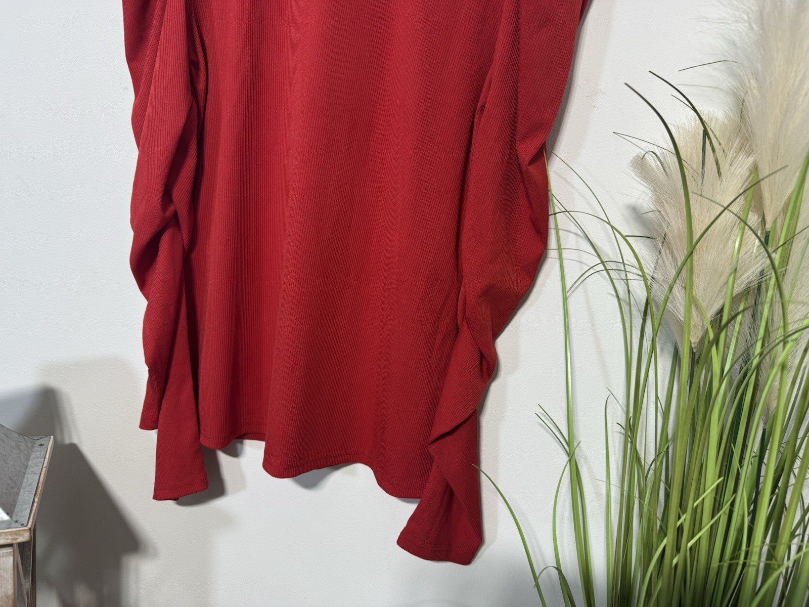 Red Ribbed High Neck Gathered Shoulders Ruched Arm Top Size L