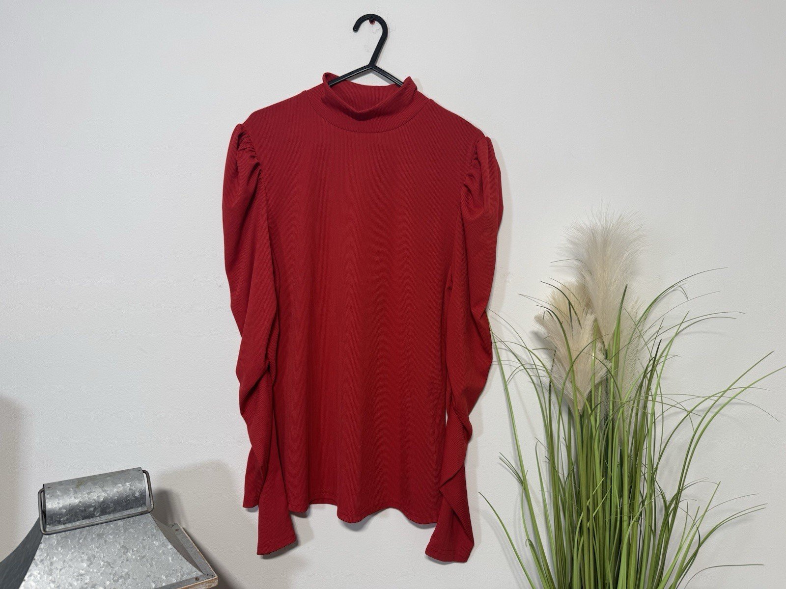 Red Ribbed High Neck Gathered Shoulders Ruched Arm Top Size L