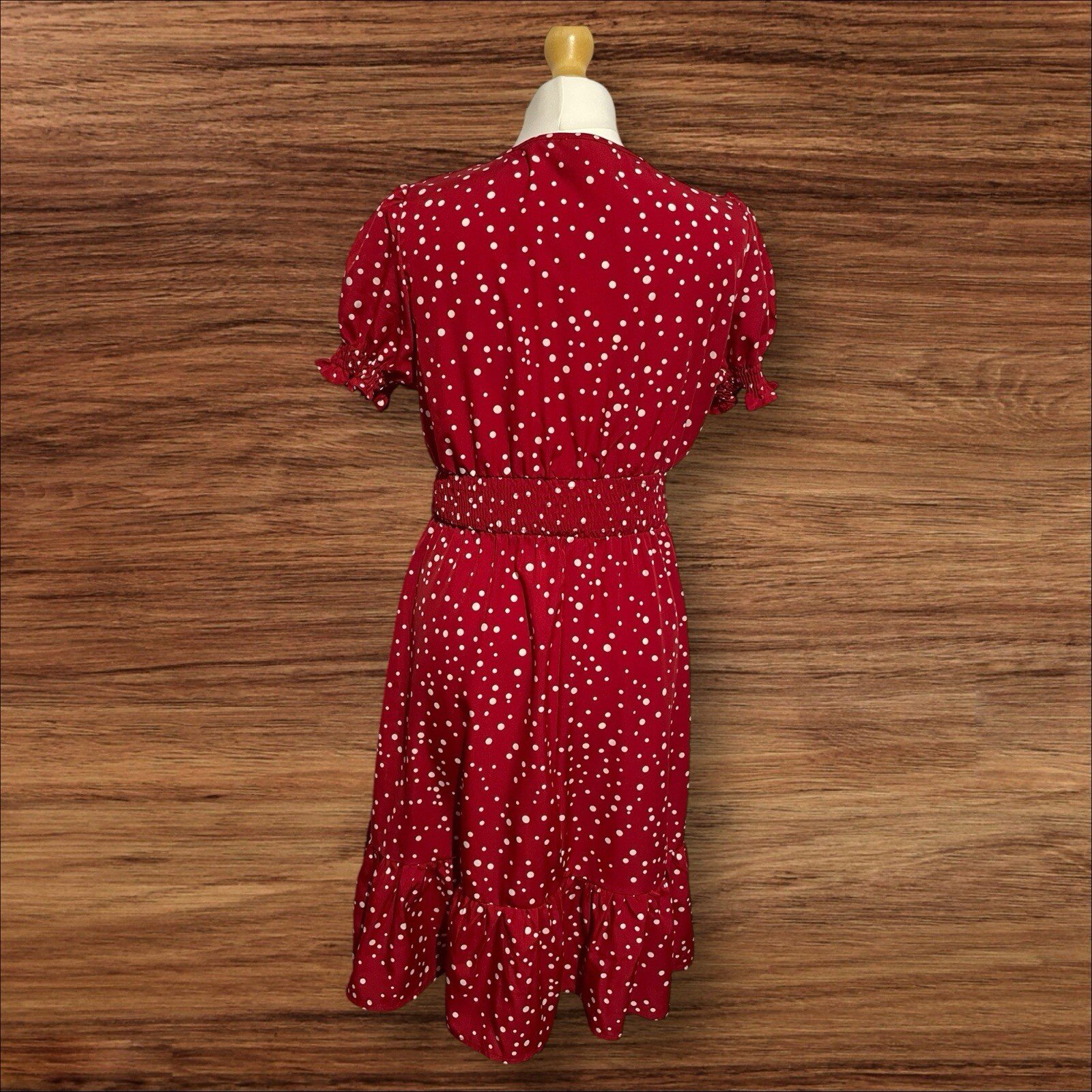 Red/white Polka Dot Dress Elastic Waist V Neck Frill Hem Puff Sleeve Size L