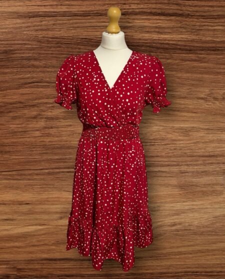Red/white Polka Dot Dress Elastic Waist V Neck Frill Hem Puff Sleeve Size L