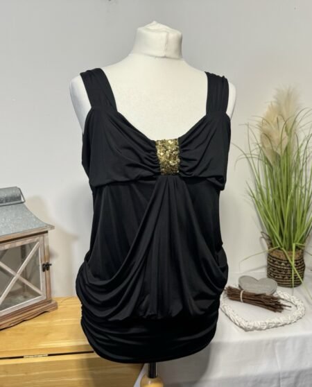 Select Stretch Black & Gold Sequin Waterfall Strap Top Size 18