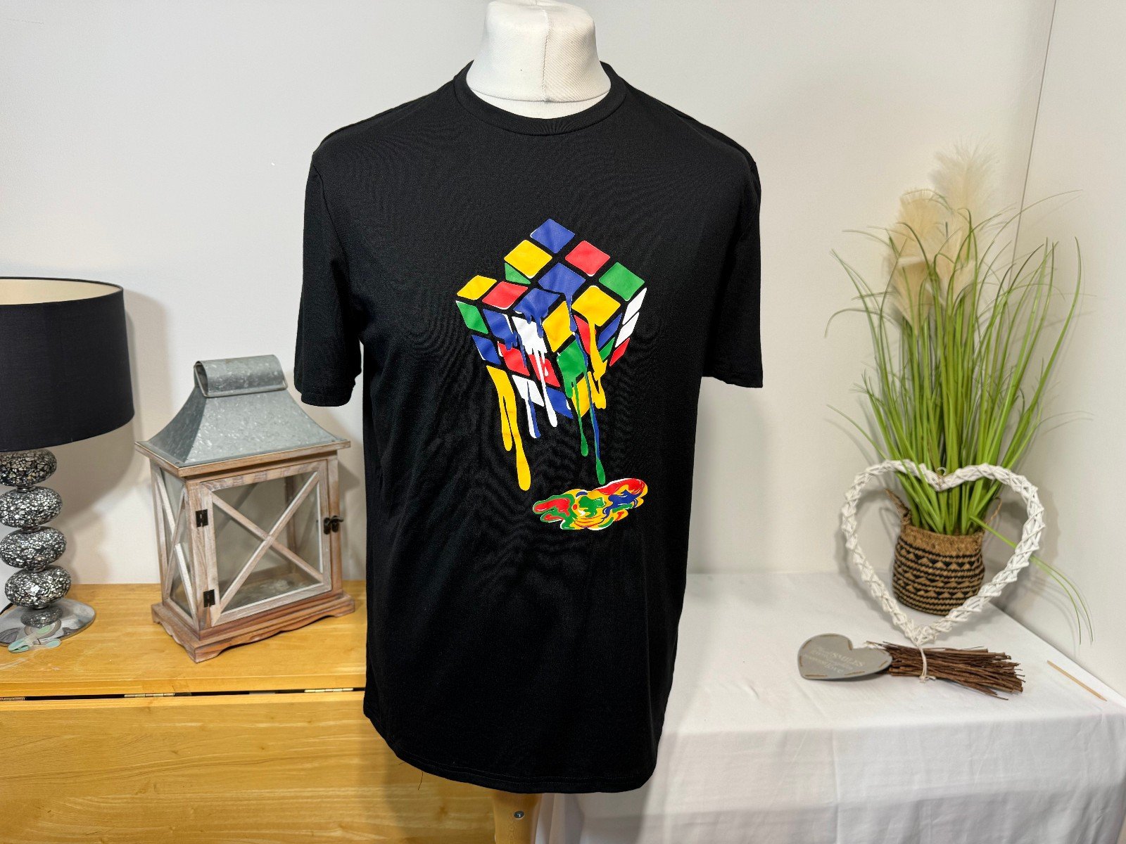 Shein Black Rubics Graphic Jersey T-Shirt Size M