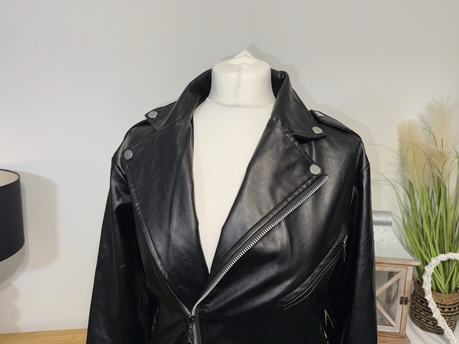 SnZOR Black Faux Leather Lined Biker Jacket Size S