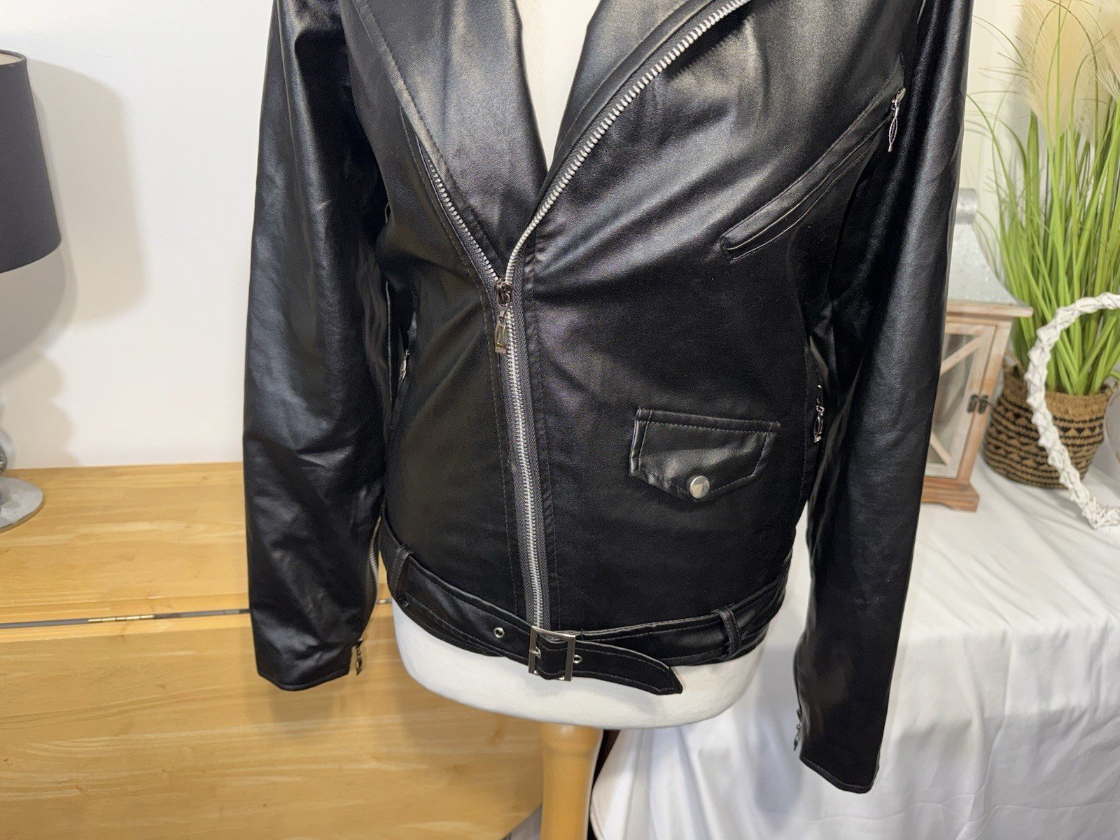 SnZOR Black Faux Leather Lined Biker Jacket Size S