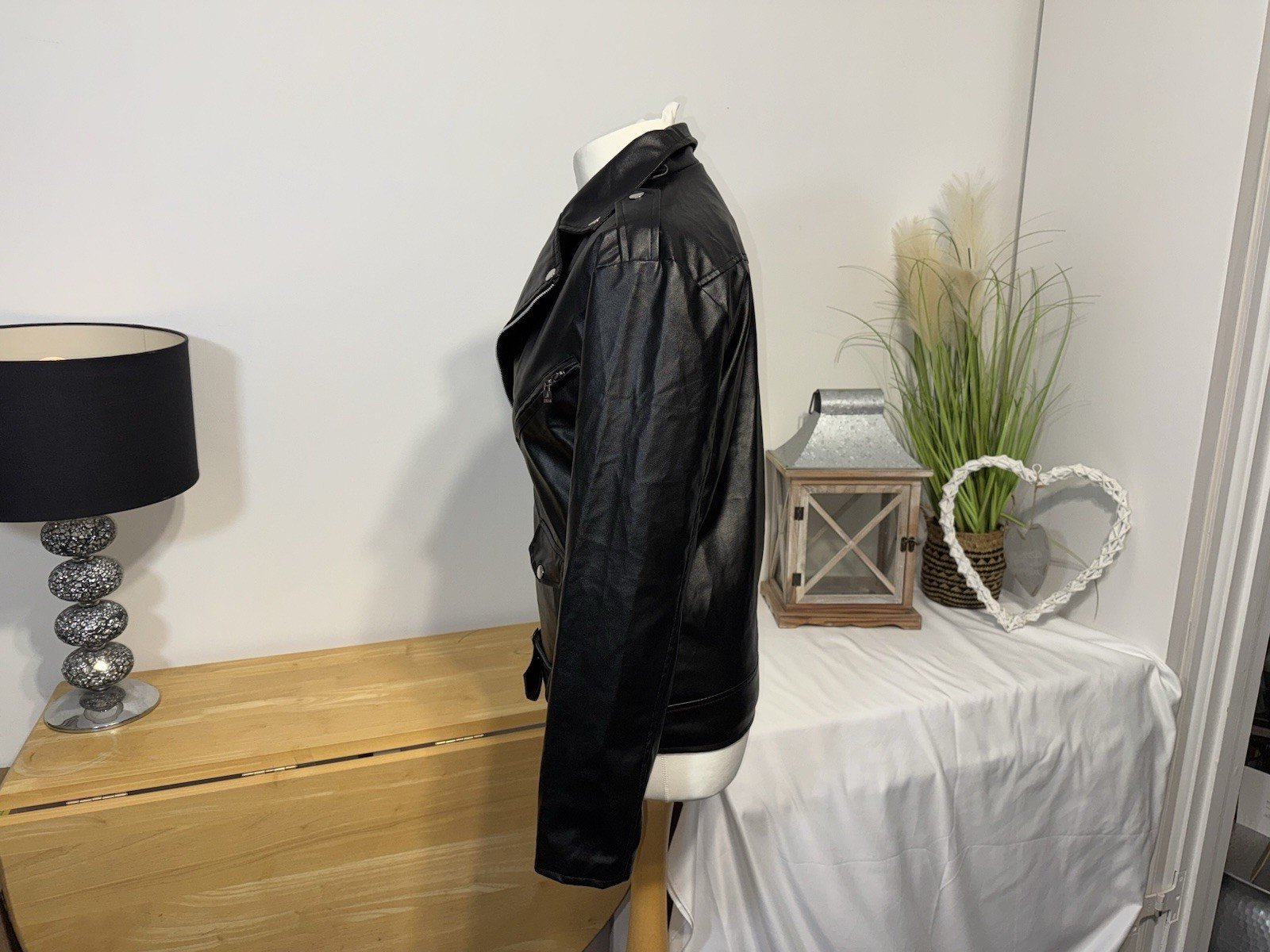 SnZOR Black Faux Leather Lined Biker Jacket Size S