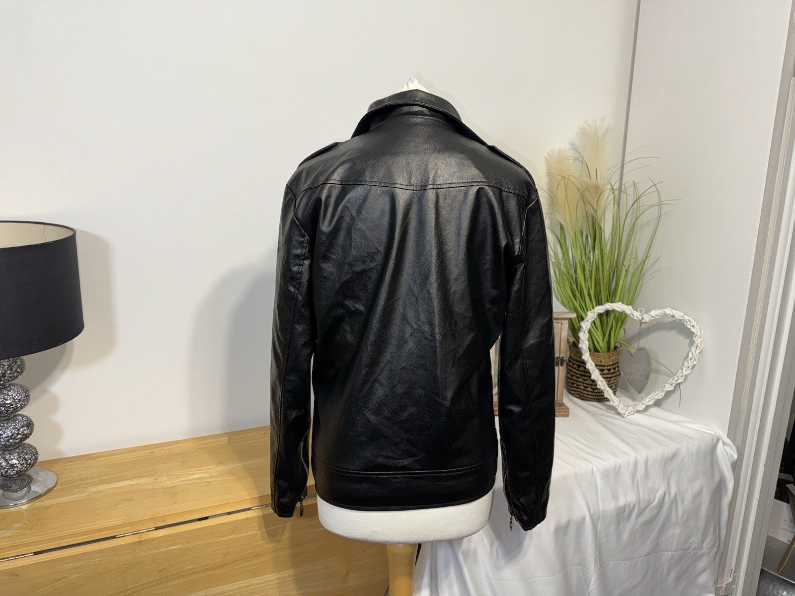 SnZOR Black Faux Leather Lined Biker Jacket Size S
