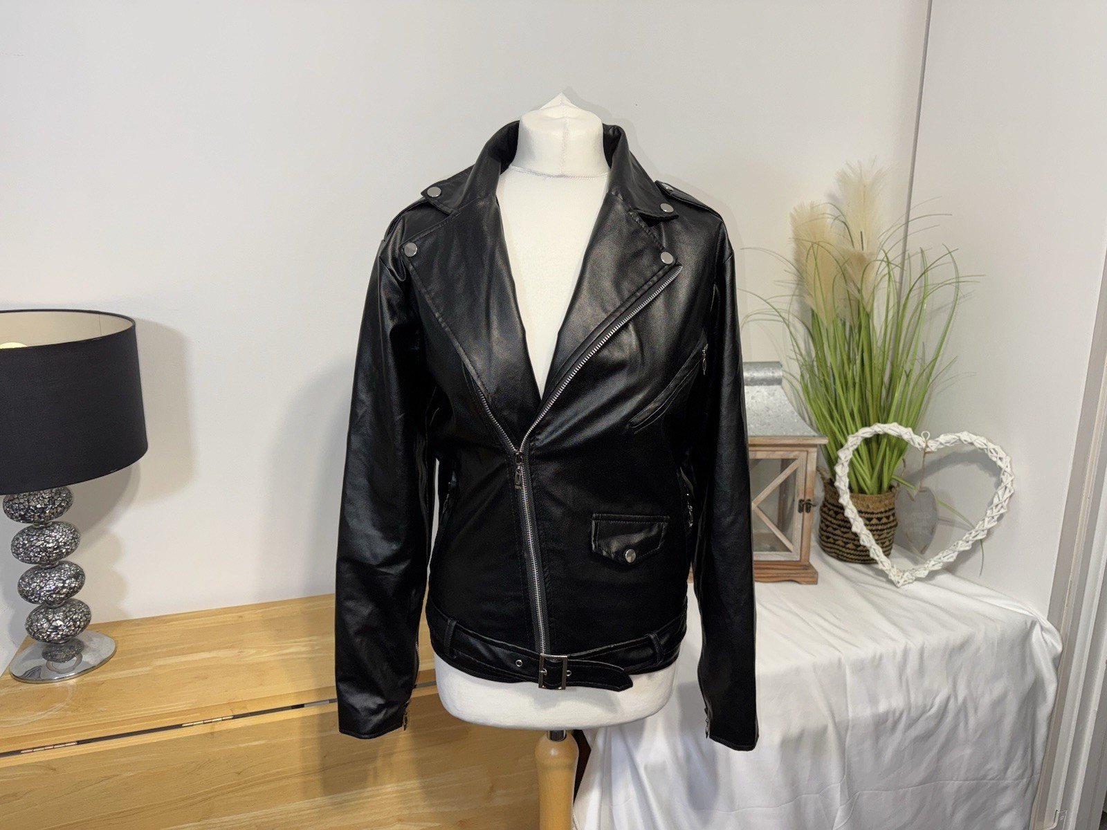 SnZOR Black Faux Leather Lined Biker Jacket Size S