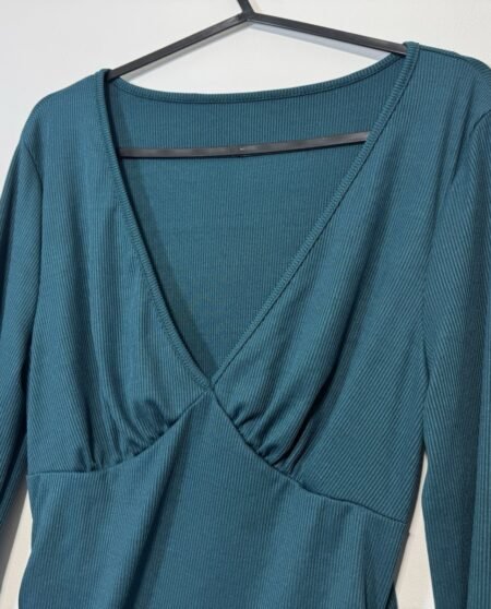 Teal Stretch Ribbed Ruched Long Sleeve V-Beck Dress Size 10-12