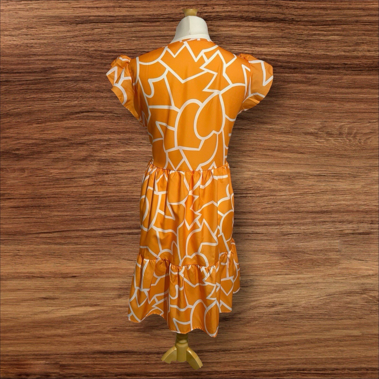 Womens Orange/white Tiered Slip Dress Frill Sleeve V Neck Size L