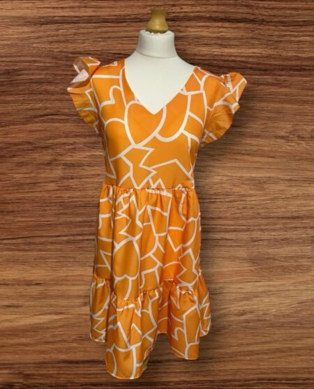 Womens Orange/white Tiered Slip Dress Frill Sleeve V Neck Size L