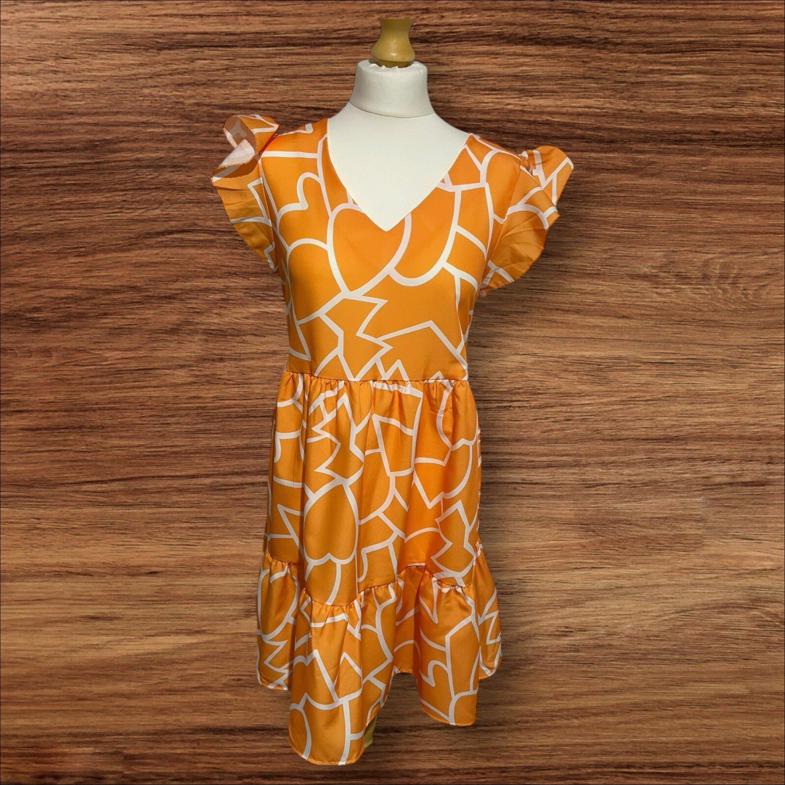 Womens Orange/white Tiered Slip Dress Frill Sleeve V Neck Size L