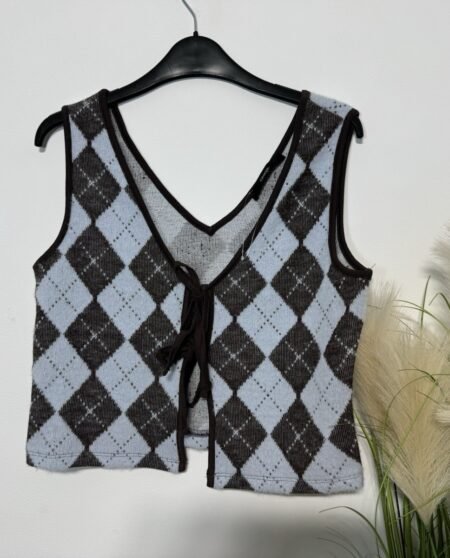 Argyle Knit Tank Top With Tie Front Size 10