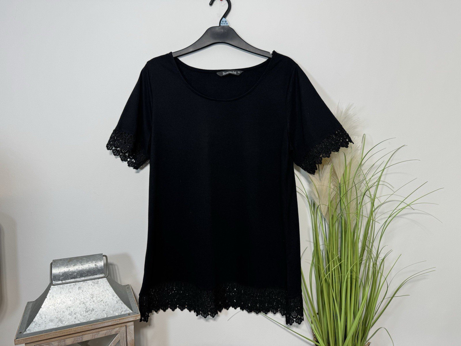 Black Relaxed Fit Top With Lace Effect Sleeves Size 14