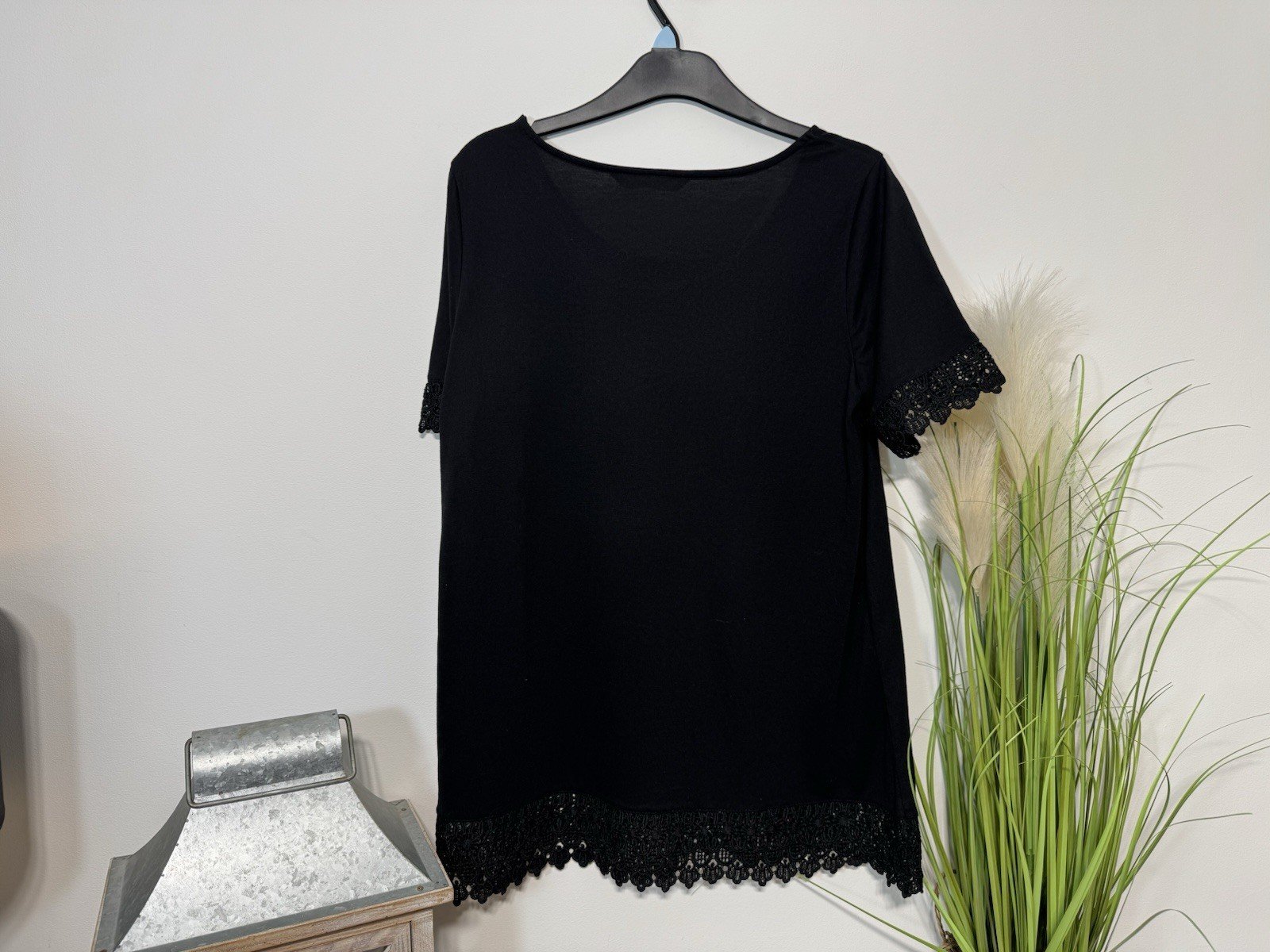 Black Relaxed Fit Top With Lace Effect Sleeves Size 14