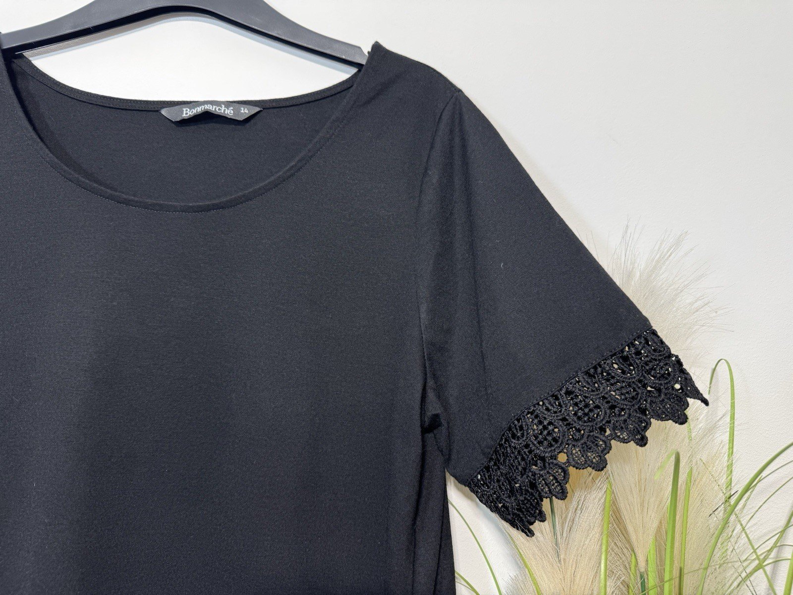Black Relaxed Fit Top With Lace Effect Sleeves Size 14