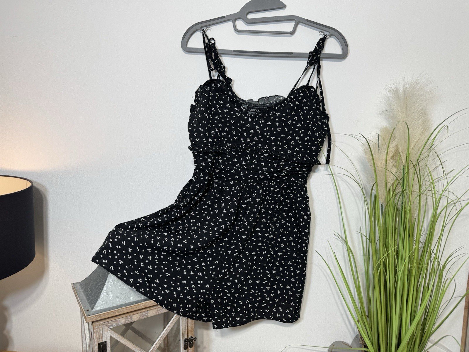 Boohoo Black Polka Dot Tie Top Playsuit Size 8