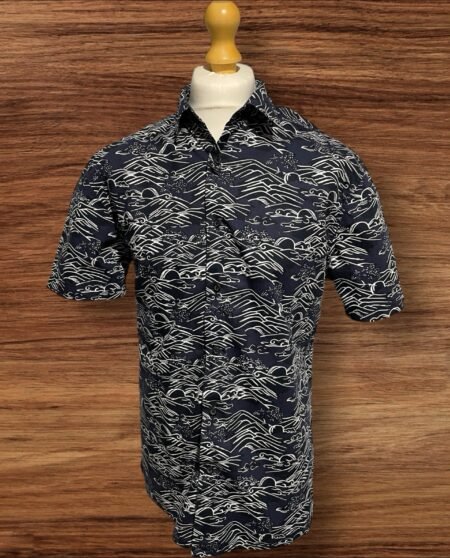 Dark Blue Short Sleeve Shirt With White Design Reg Fit Cotton Size XL