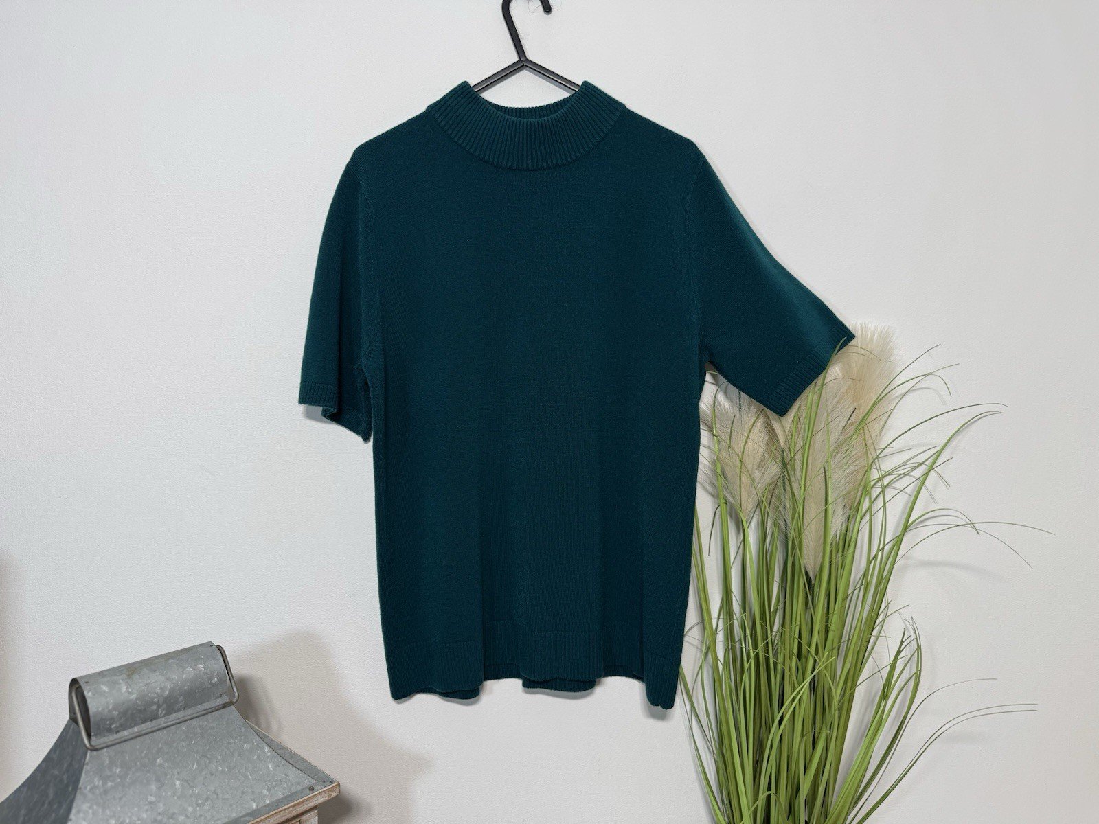 Dark Jade High Neck Fine Knit Short Sleeve Top Size 18