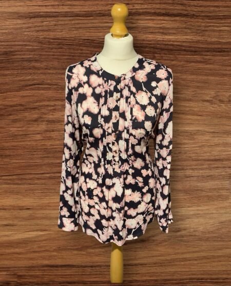 Deep Grey Blouse With Pink Floral Pattern Pleat Front/ Sequins Cuffed Size 14