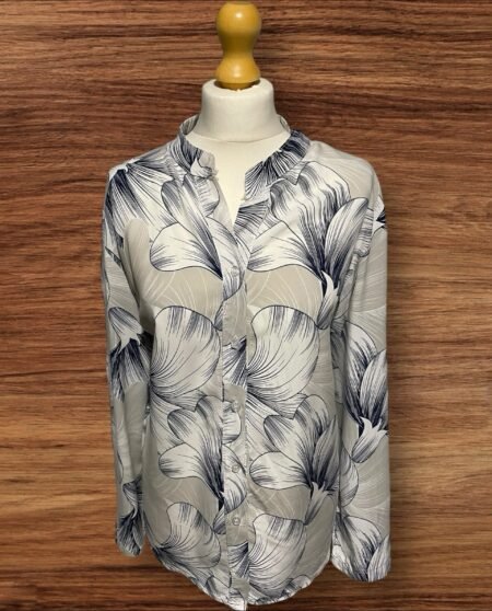 Dreams White Grey Patterned Blouse Button Thru Long Sleeve Short Collar One Size