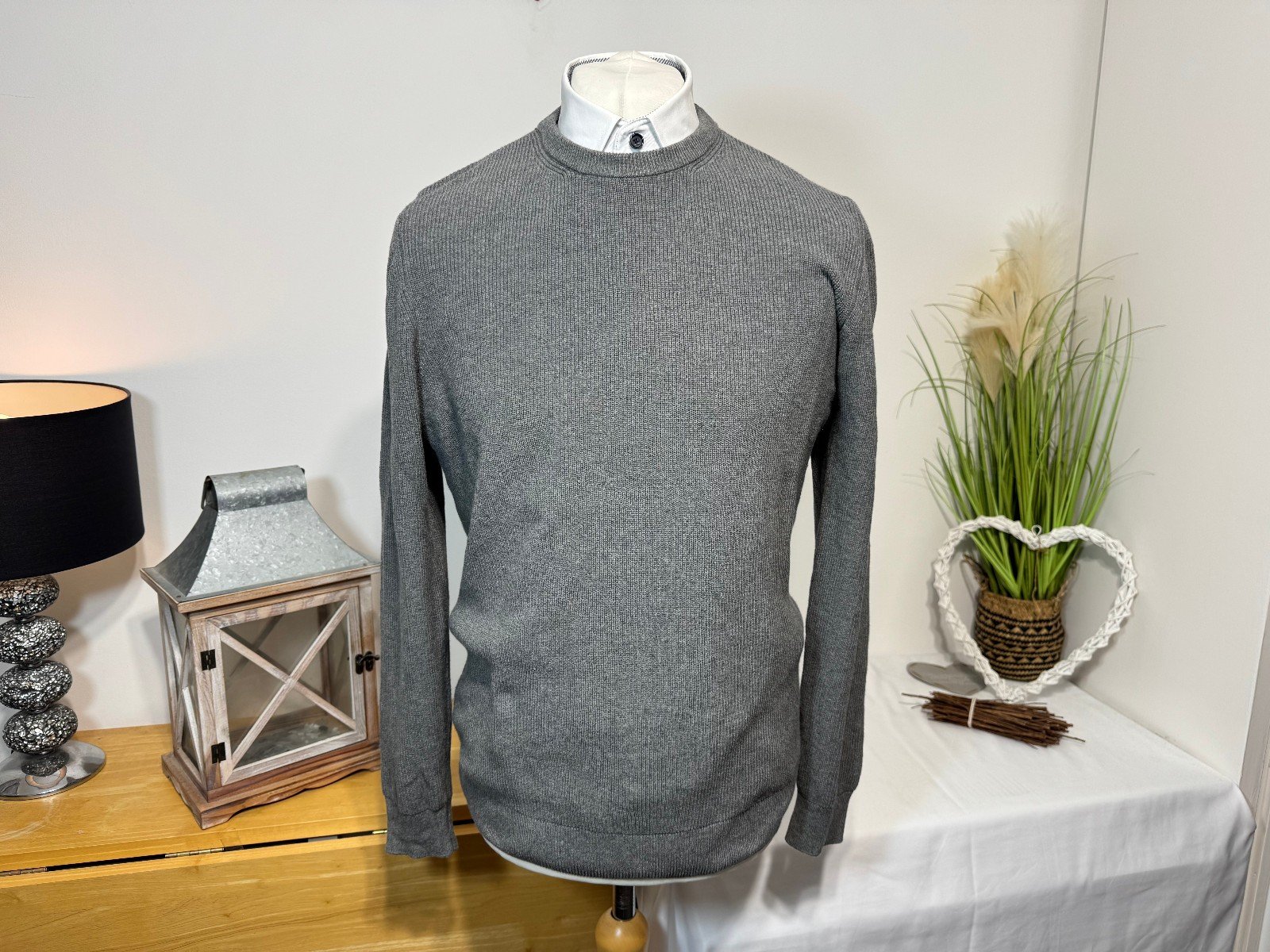 Grey Cotton Knit Crew Neck Jumper Button Detail Size L/XL