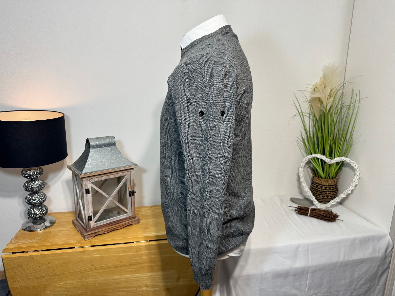 Grey Cotton Knit Crew Neck Jumper Button Detail Size L/XL