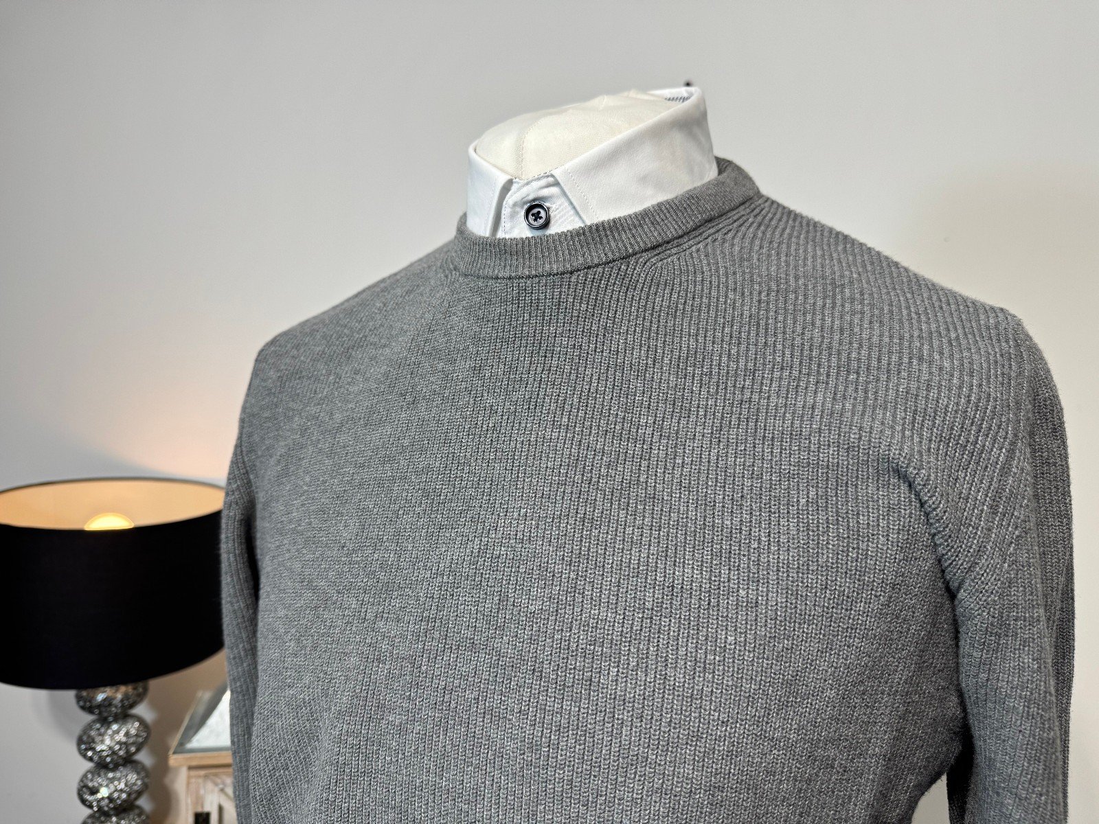 Grey Cotton Knit Crew Neck Jumper Button Detail Size L/XL