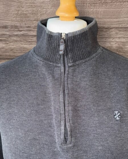 IZOD Grey Tight Heavy Knit 1/4 Zip Cotton Jumper Chest Motif High Collar  XL