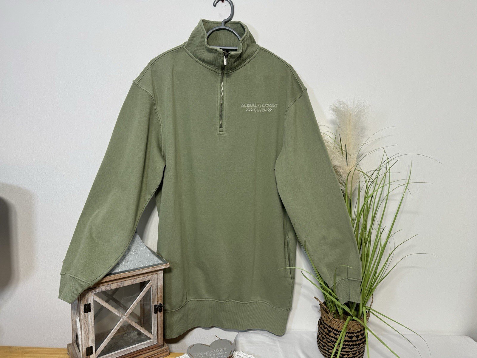 Khaki Almalfi Coast Club Graphic 1/4 Zip High Neck Sweatshirt Size 14