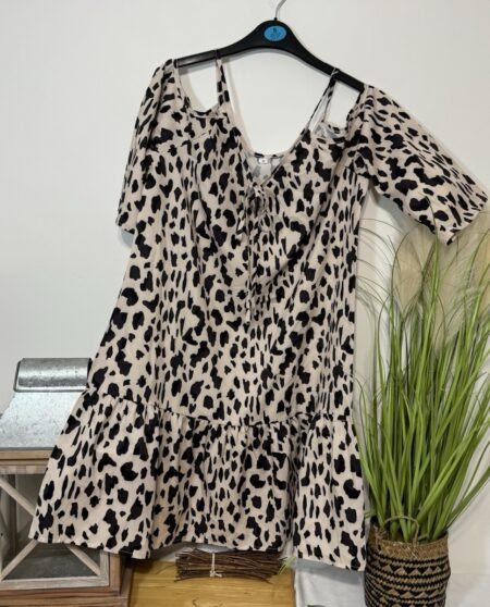 Leopard Print Cold Shoulder Frill Hem Strappy Dress Size 10