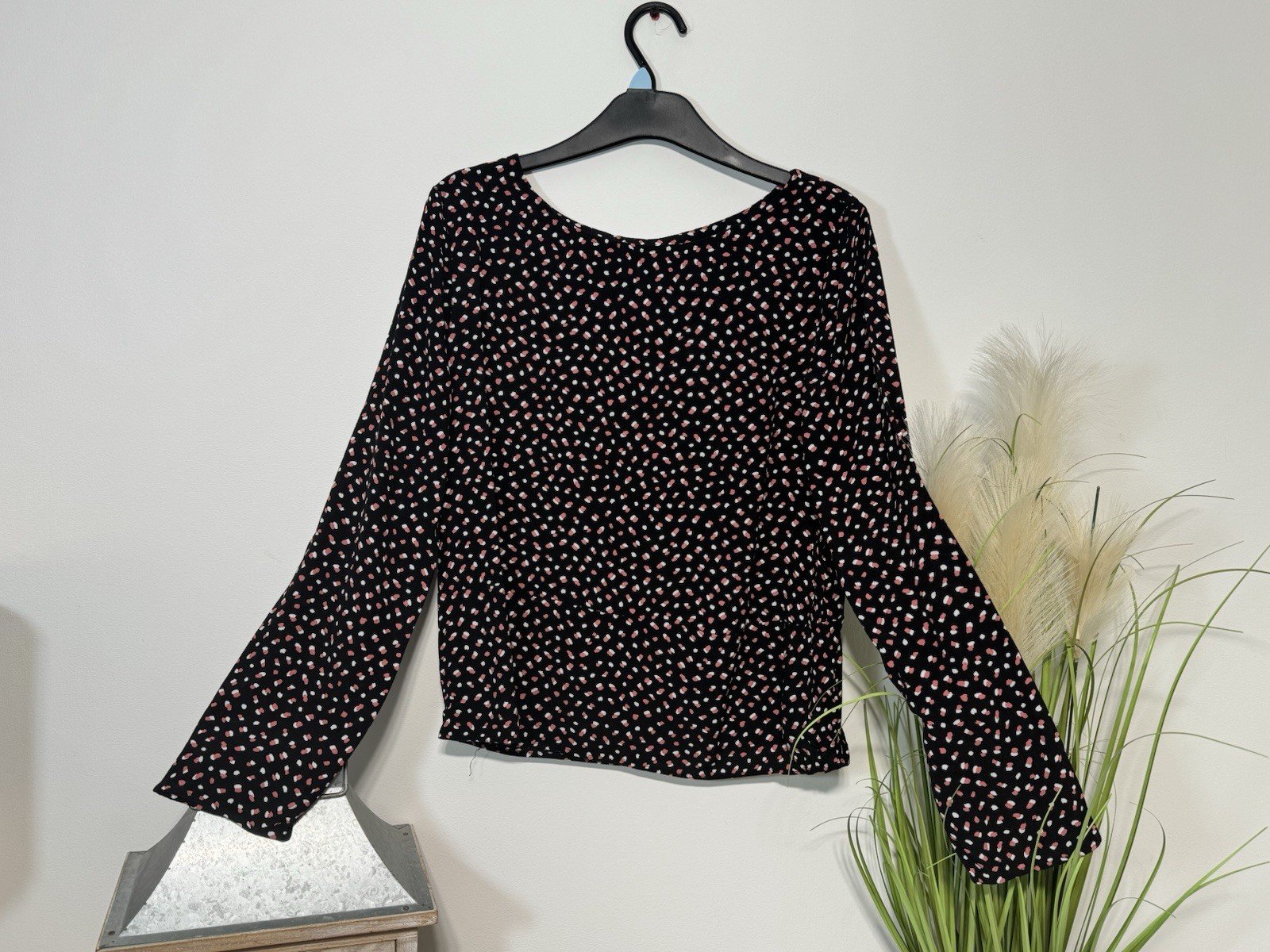 M&S Black Print Viscose Top 3/4 Sleeve Boat Neck Size 10