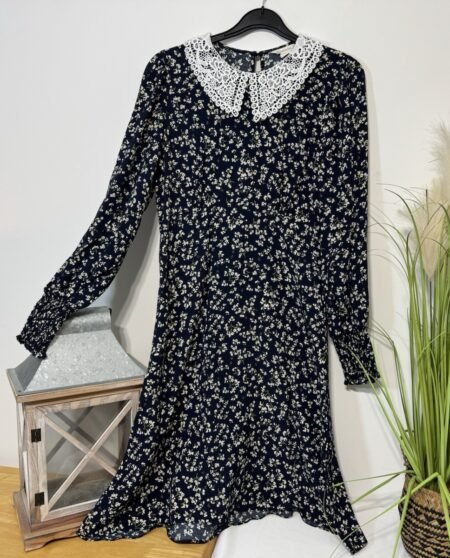 Monsoon Navy Ditsy Floral Dress Lace Yolk Sheer Elasticated Cuff Size 8