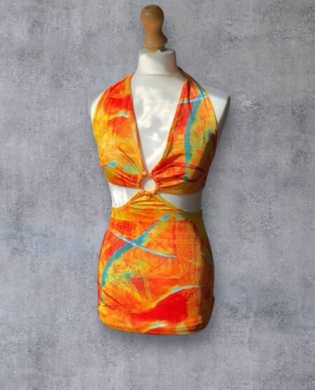 Multicoloured Stretch Bodycon Style Dress Skirt Halter Tie Top Size M