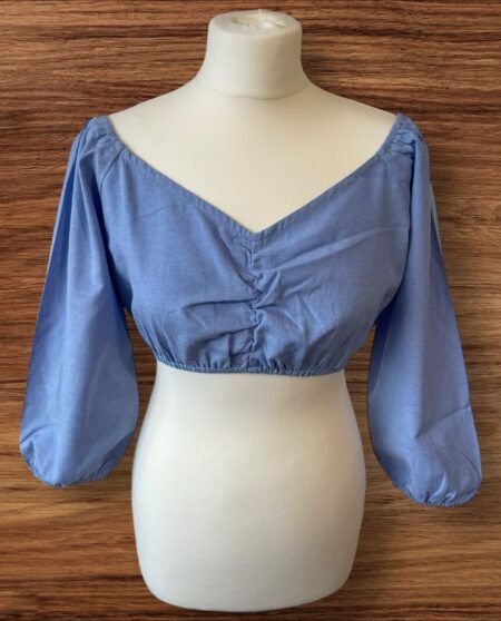 NEW. Boohoo Gathered Front Ballon Sleeve Denim Crop Top Size 10