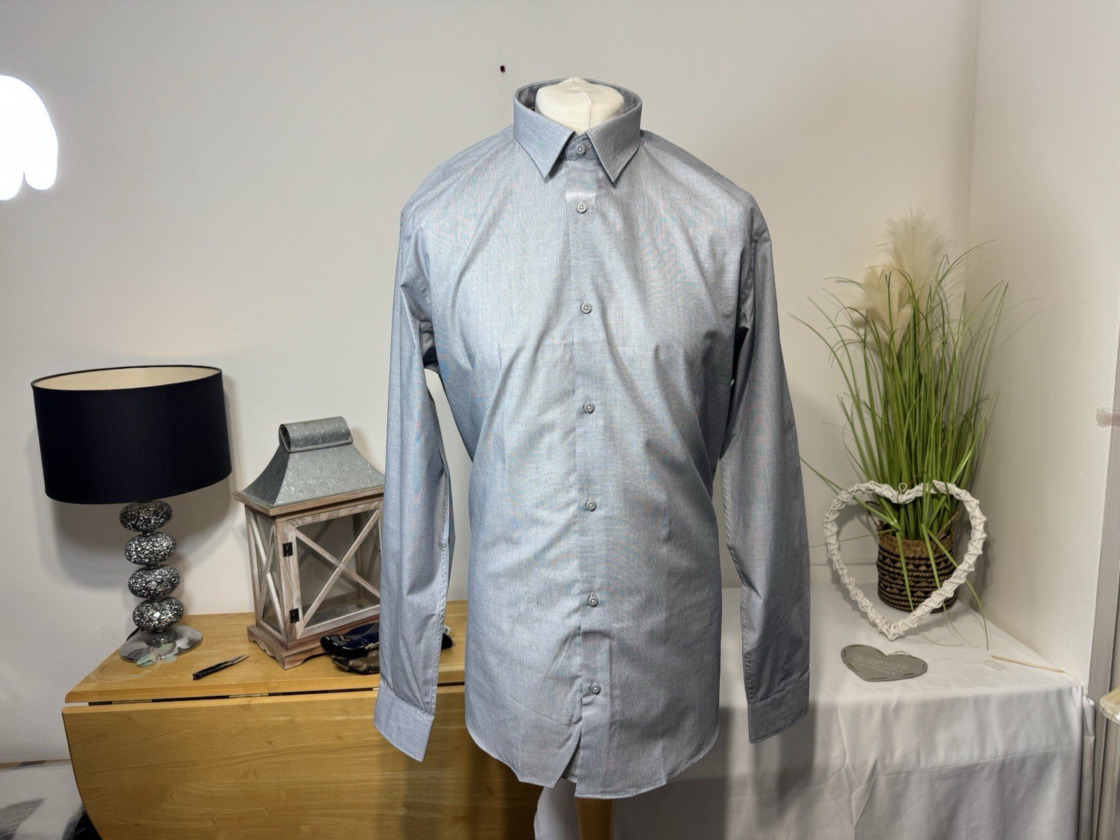 NEW Grey Woven Long Sleeve Regular Fit Easy Iron Shirt Neck 17