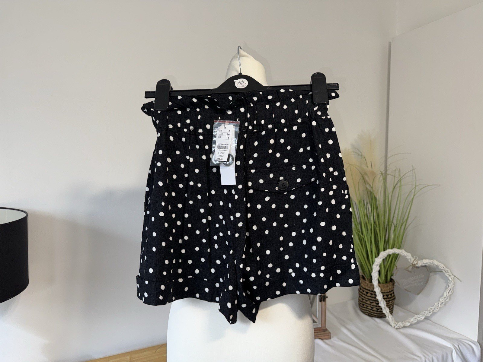 New Look Black Linen Blend High Waisted Shorts Elasticated Waist Size 8