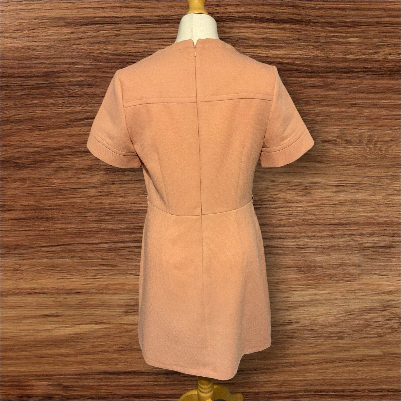 Peach A-Line Dress With Front Pockets Short Sleeve Belt Hooks Zip Back Size 12