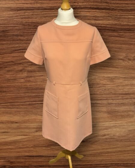 Peach A-Line Dress With Front Pockets Short Sleeve Belt Hooks Zip Back Size 12