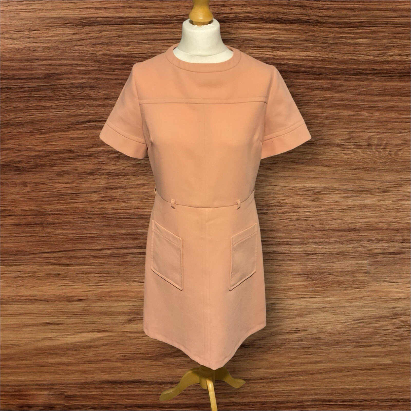 Peach A-Line Dress With Front Pockets Short Sleeve Belt Hooks Zip Back Size 12