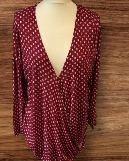 Primark Deep Red V Neck Wrap Style Top Elastic Waist Turn Up Cuff 16